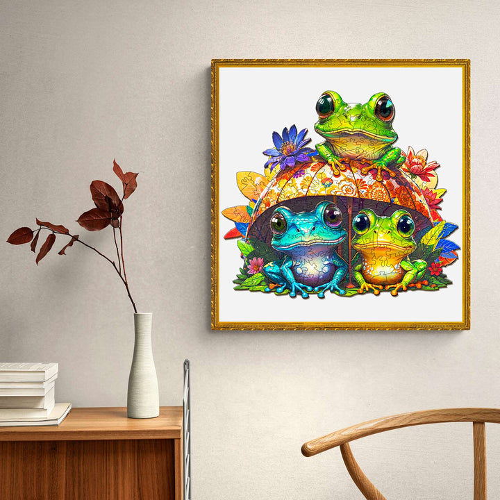 Colorful frog art print featuring three vibrant frogs surrounded by flowers and leaves, perfect for nature lovers.