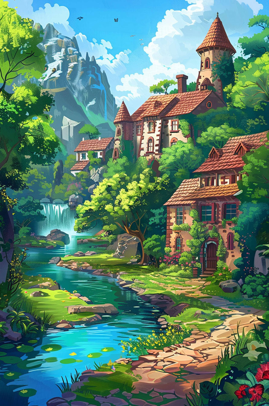 Beautiful countryside scene featuring charming houses by a river with lush greenery and mountains, ideal for a 500/1000 piece puzzle.