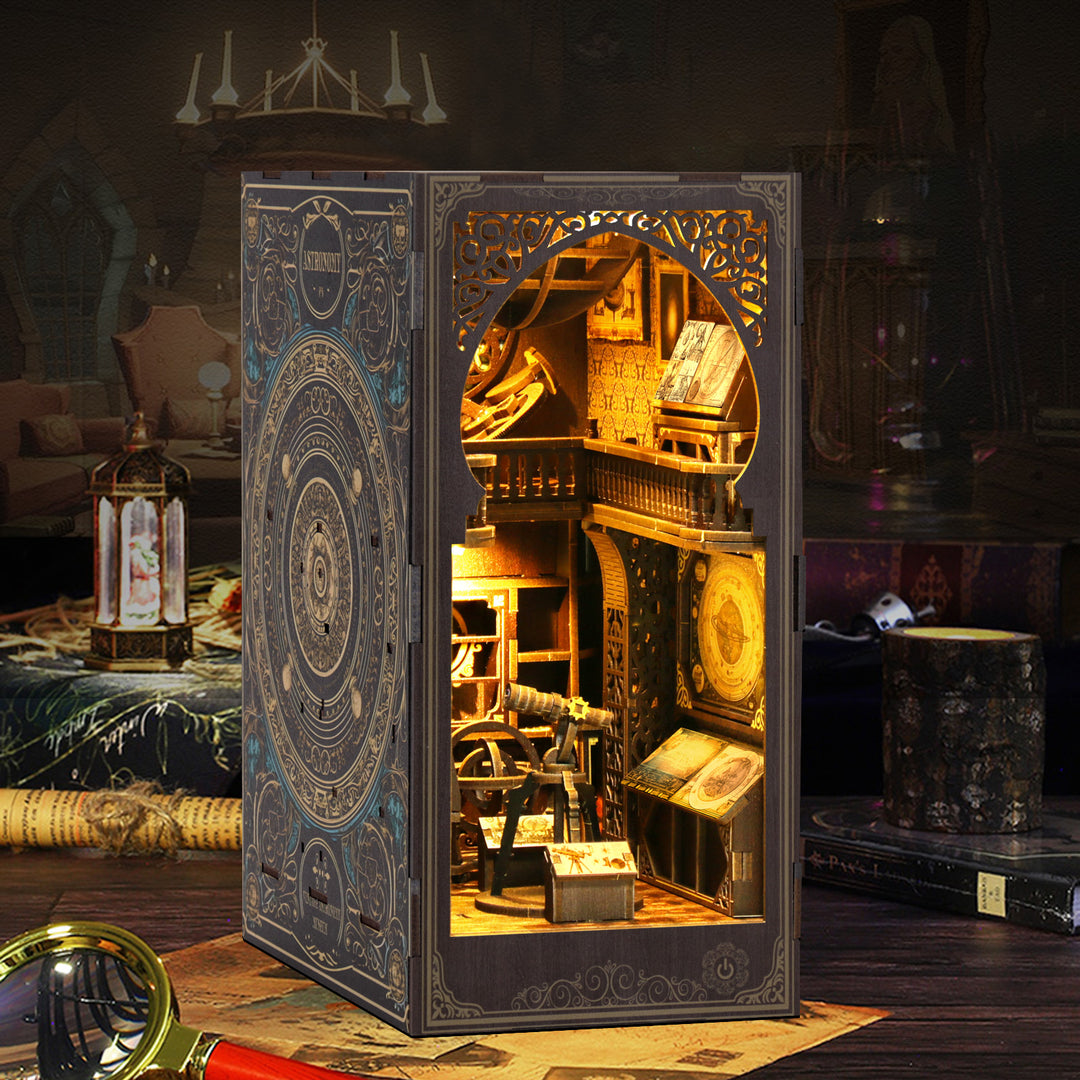 Astronomy Museum DIY Book Nook Kit featuring intricate details and warm lighting in a 3D wooden puzzle design.