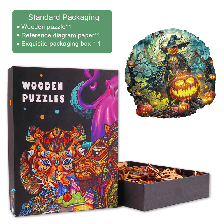 Halloween wooden jigsaw puzzle packaging with colorful design, includes pieces and reference diagram for puzzle solving.