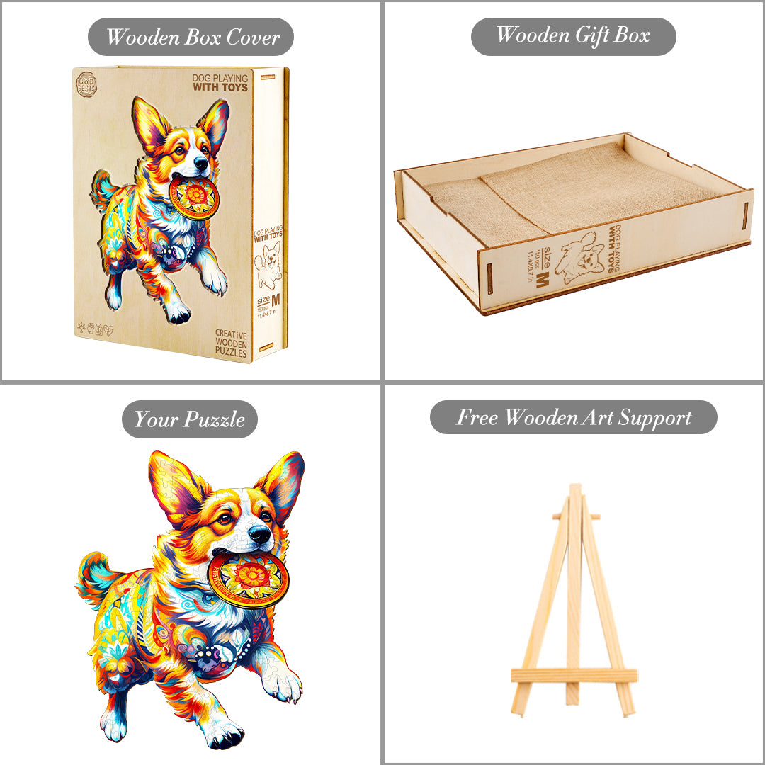 Dog playing with toys wooden jigsaw puzzle, featuring vibrant corgi design, includes wooden box and art support.