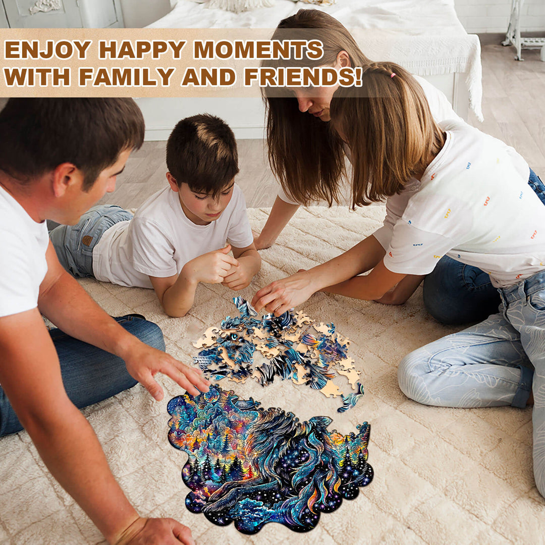 Family and friends enjoying happy moments while working on a Nebula Wolf wooden jigsaw puzzle together.