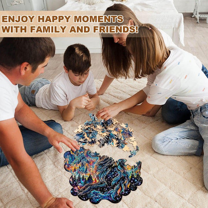 Family and friends enjoying happy moments while working on a Nebula Wolf wooden jigsaw puzzle together.