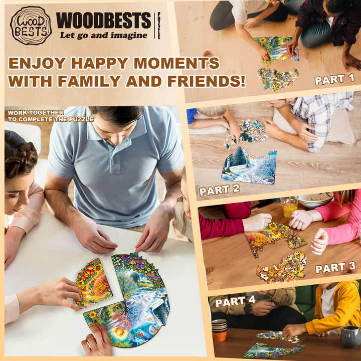 Family and friends enjoying the Four Seasons puzzle together, showcasing teamwork and fun moments.