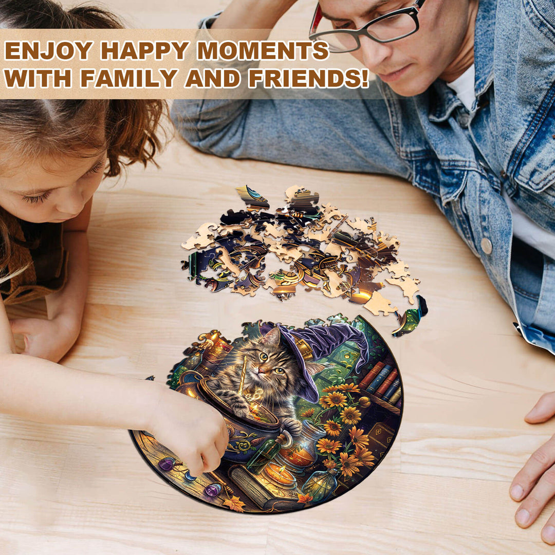 Child and adult enjoying the Magic Feline wooden jigsaw puzzle, promoting family bonding and mindfulness.