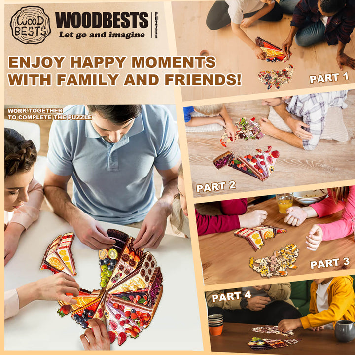 Enjoy happy moments with family and friends solving the Delicious Cake jigsaw puzzle by Woodbest.