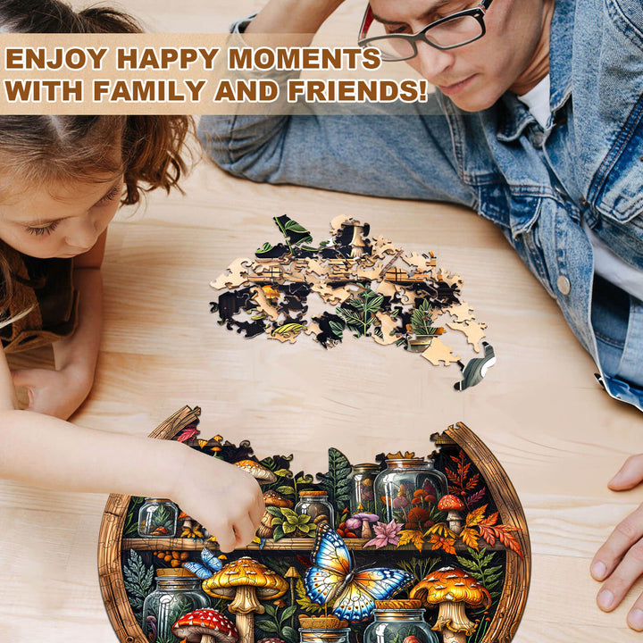 Adult and child enjoying a wooden jigsaw puzzle together, fostering family bonding and joy in a colorful setting.