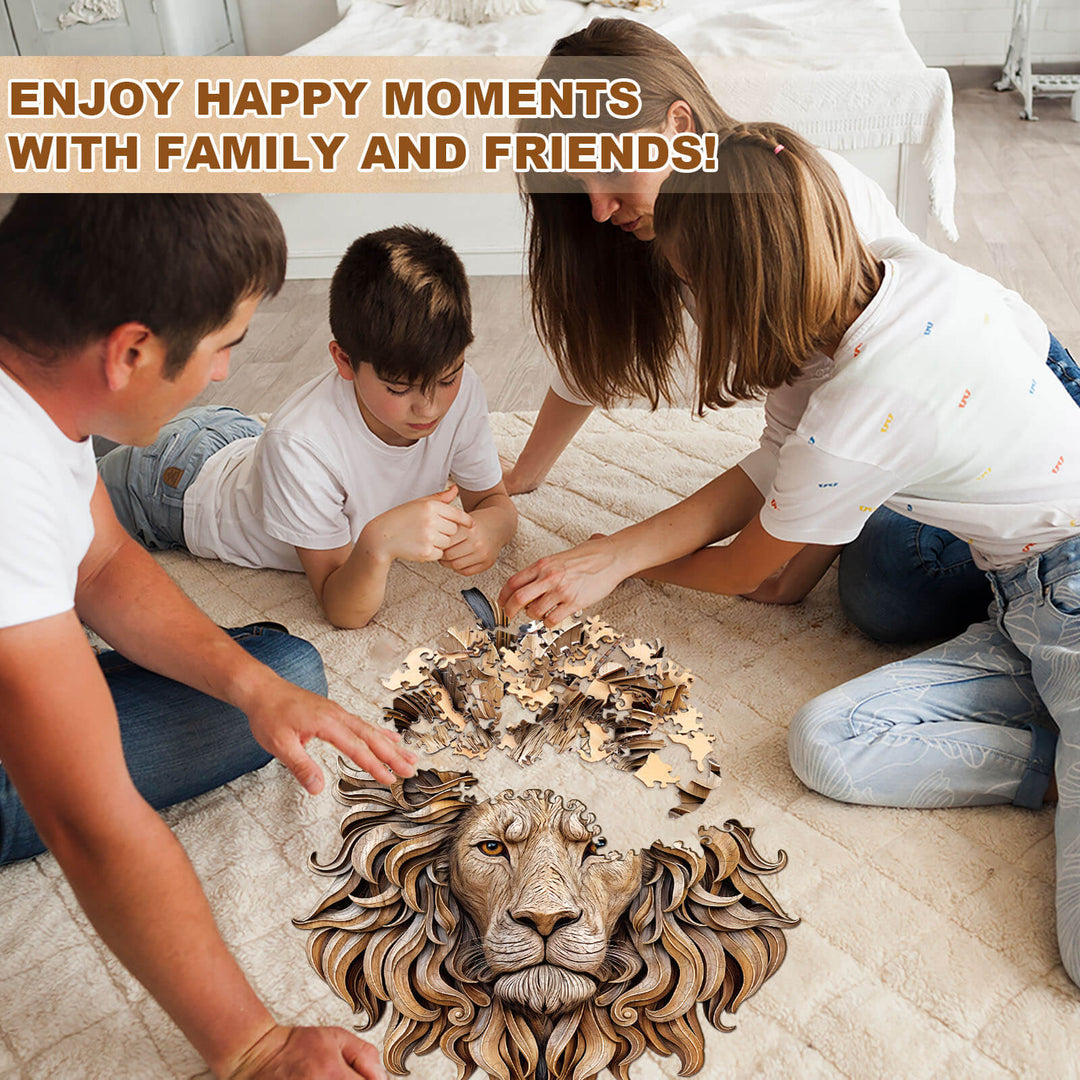 Puzzle en bois découpé représentant un lion sculpté