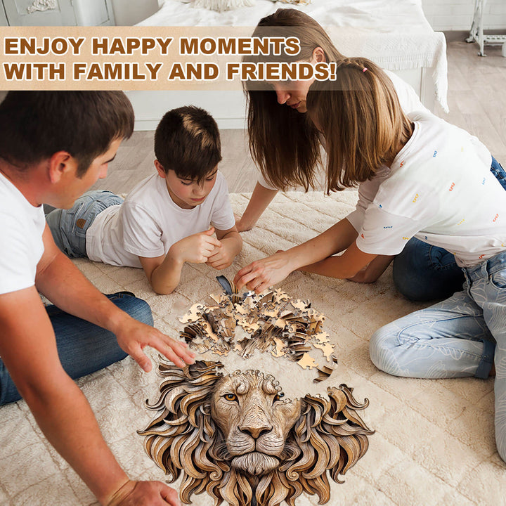 Puzzle en bois découpé représentant un lion sculpté