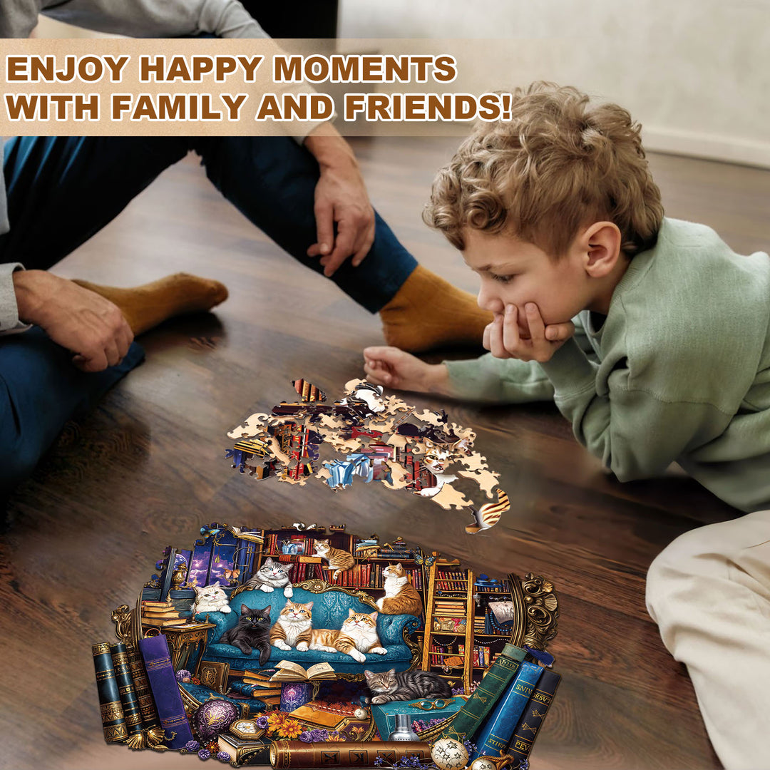 Cat Library Adventure Wooden Jigsaw Puzzle