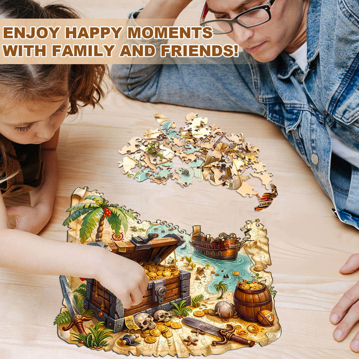 Enjoying family time while assembling the Treasure Voyage wooden jigsaw puzzle, featuring a treasure chest and scenic beach.