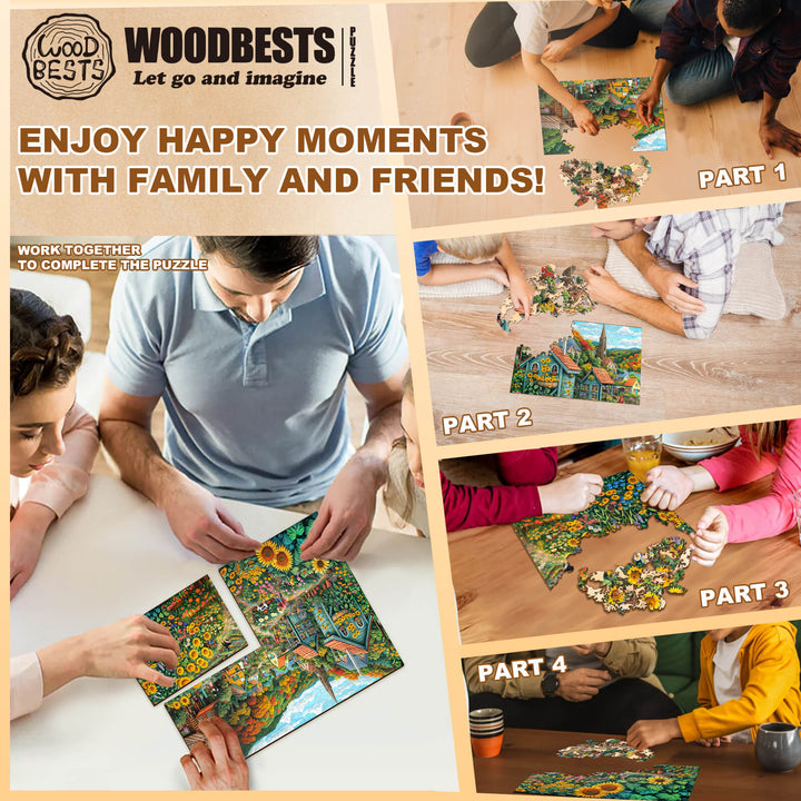 Group enjoying the Party Puzzle-Sunny Fields, highlighting family bonding and teamwork in puzzle-solving activities.