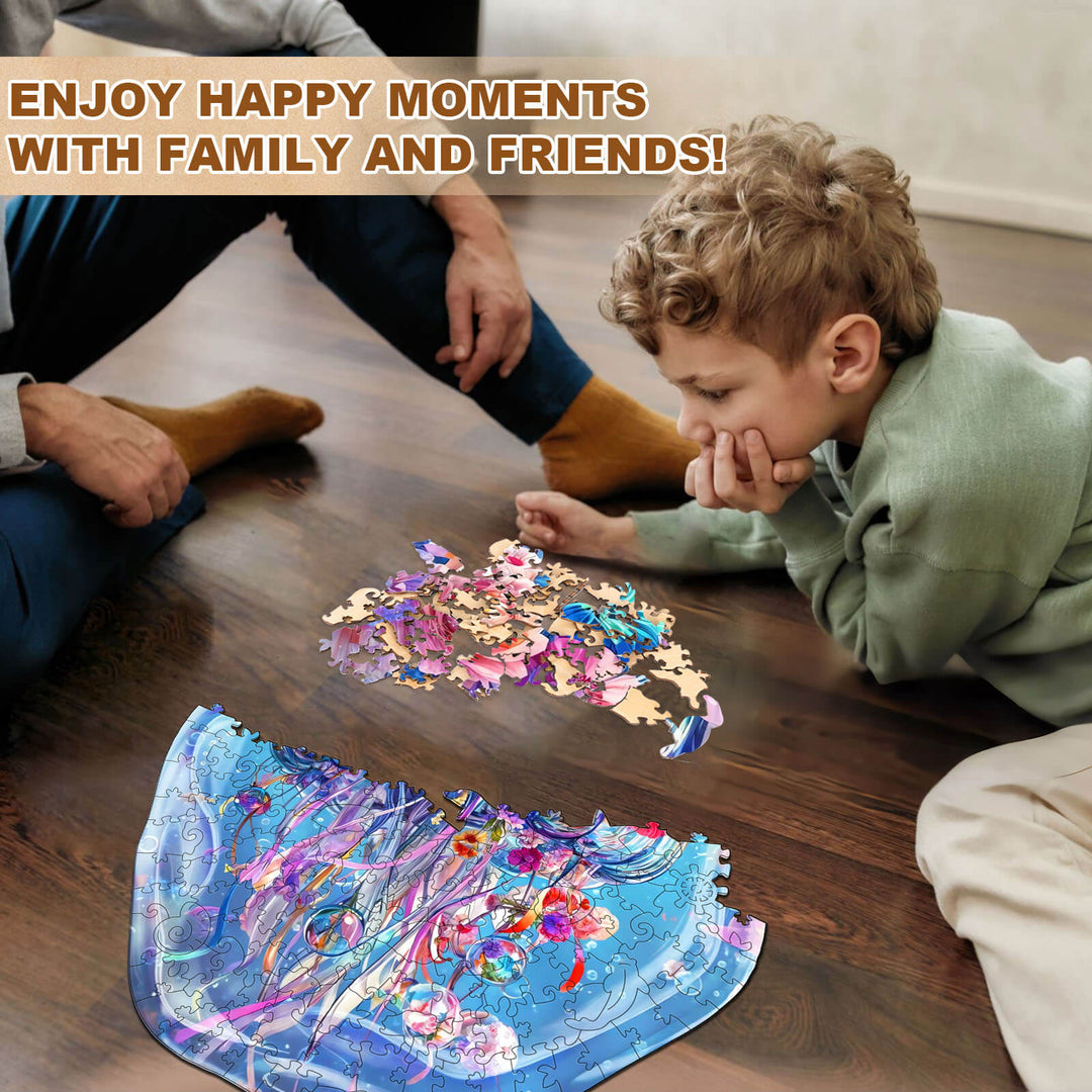 A child and an adult enjoying a Flower Jellyfish wooden jigsaw puzzle on the floor, promoting family bonding and focus.