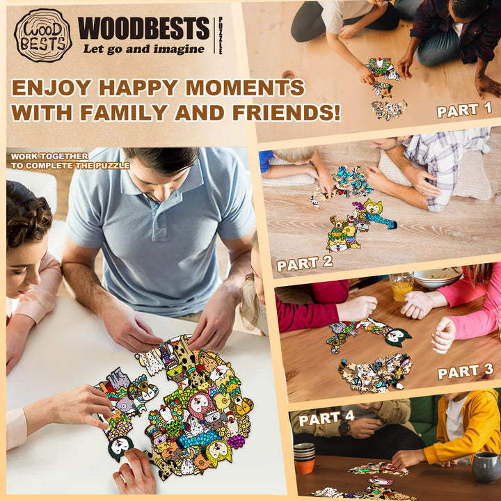Family and friends enjoying the Woodbests Rich Dog puzzle together, fostering connections through fun activities.