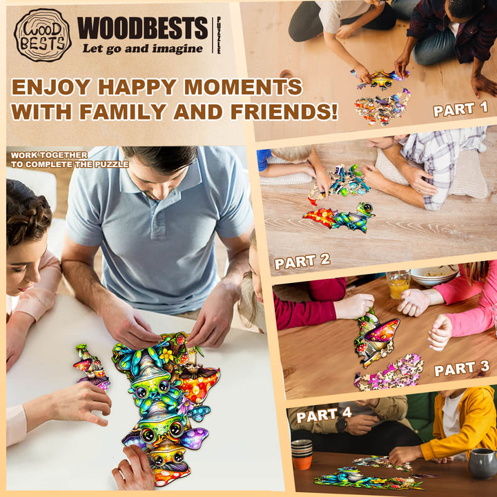 Woodbest's Frog Family puzzle being joyfully assembled by friends and family, promoting teamwork and fun moments together.