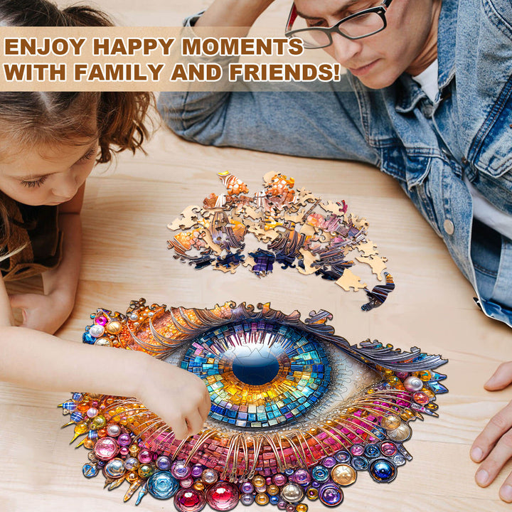 Puzzle en bois avec yeux en pierres précieuses