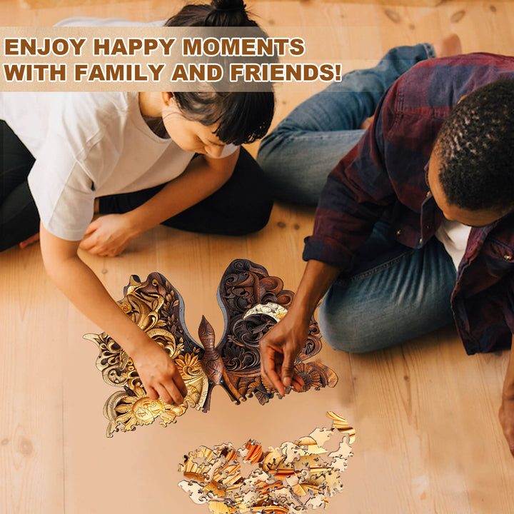Two friends assembling a beautiful Yin Yang Butterfly wooden jigsaw puzzle, creating joyful moments together.