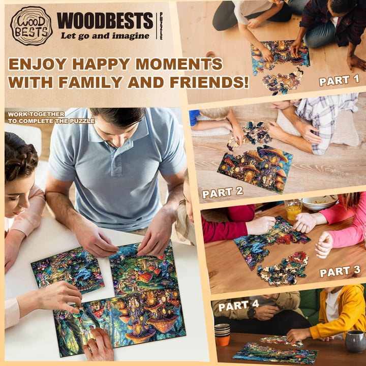 Enjoying family fun with the Party Puzzle-Fairy Village, featuring engaging jigsaw puzzle moments and teamwork.