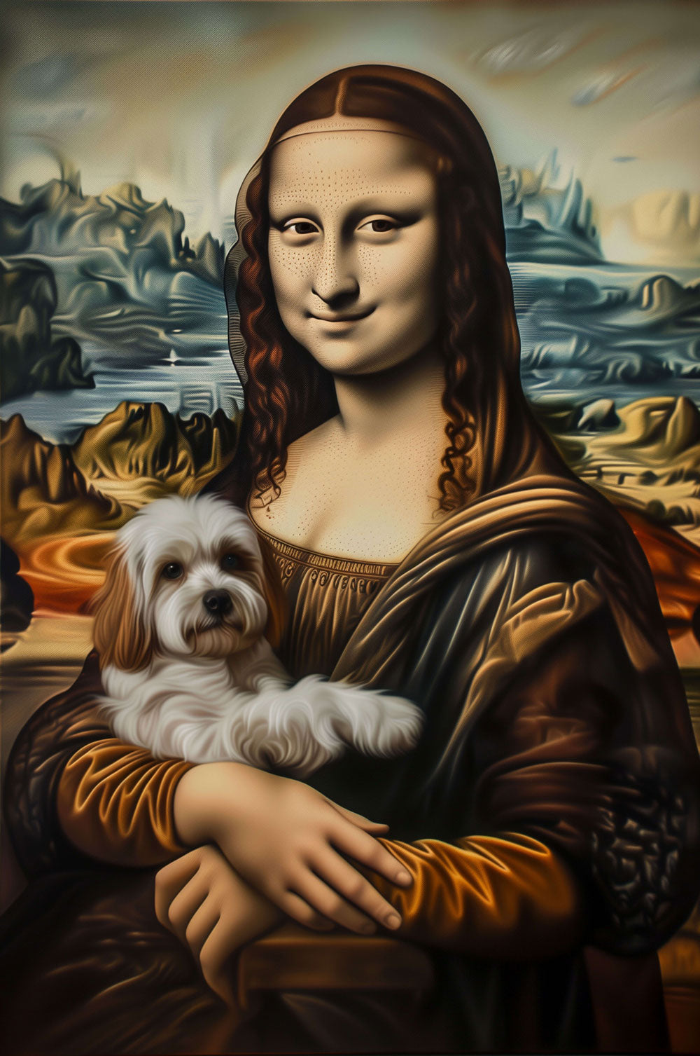 Mona Lisa holding a puppy, 500/1000 piece puzzle designed for focus and mind games.