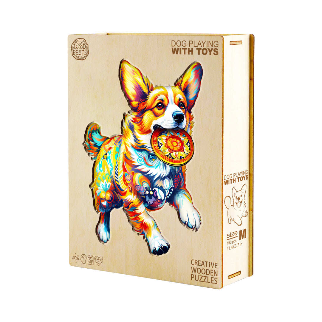 Dog Playing with Toys wooden jigsaw puzzle, colorful corgi holds a toy, promotes focus and brain skills.