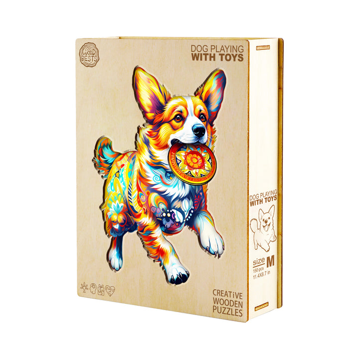 Dog Playing with Toys wooden jigsaw puzzle, colorful corgi holds a toy, promotes focus and brain skills.