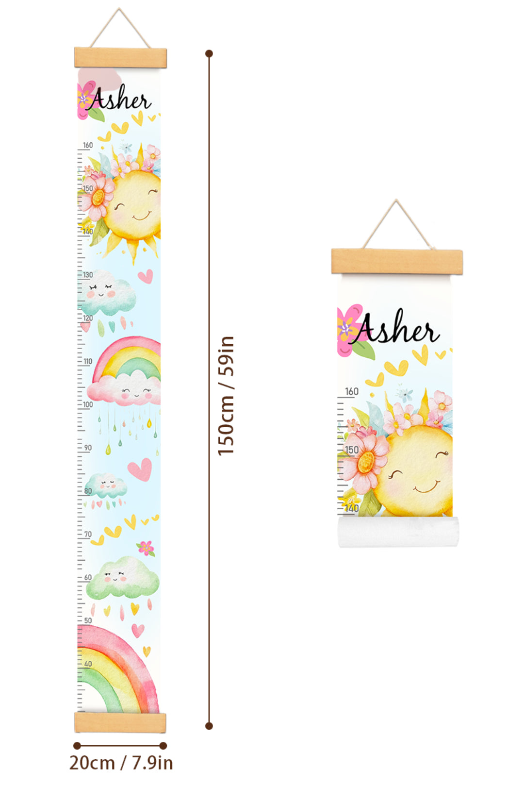 Règle de hauteur personnalisée en toile suspendue avec soleil et arc-en-ciel