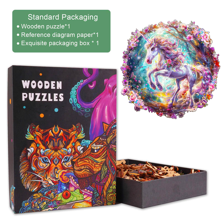 Colorful wooden jigsaw puzzle packaging with pieces and a unicorn design, perfect for puzzle lovers and brain enhancement.