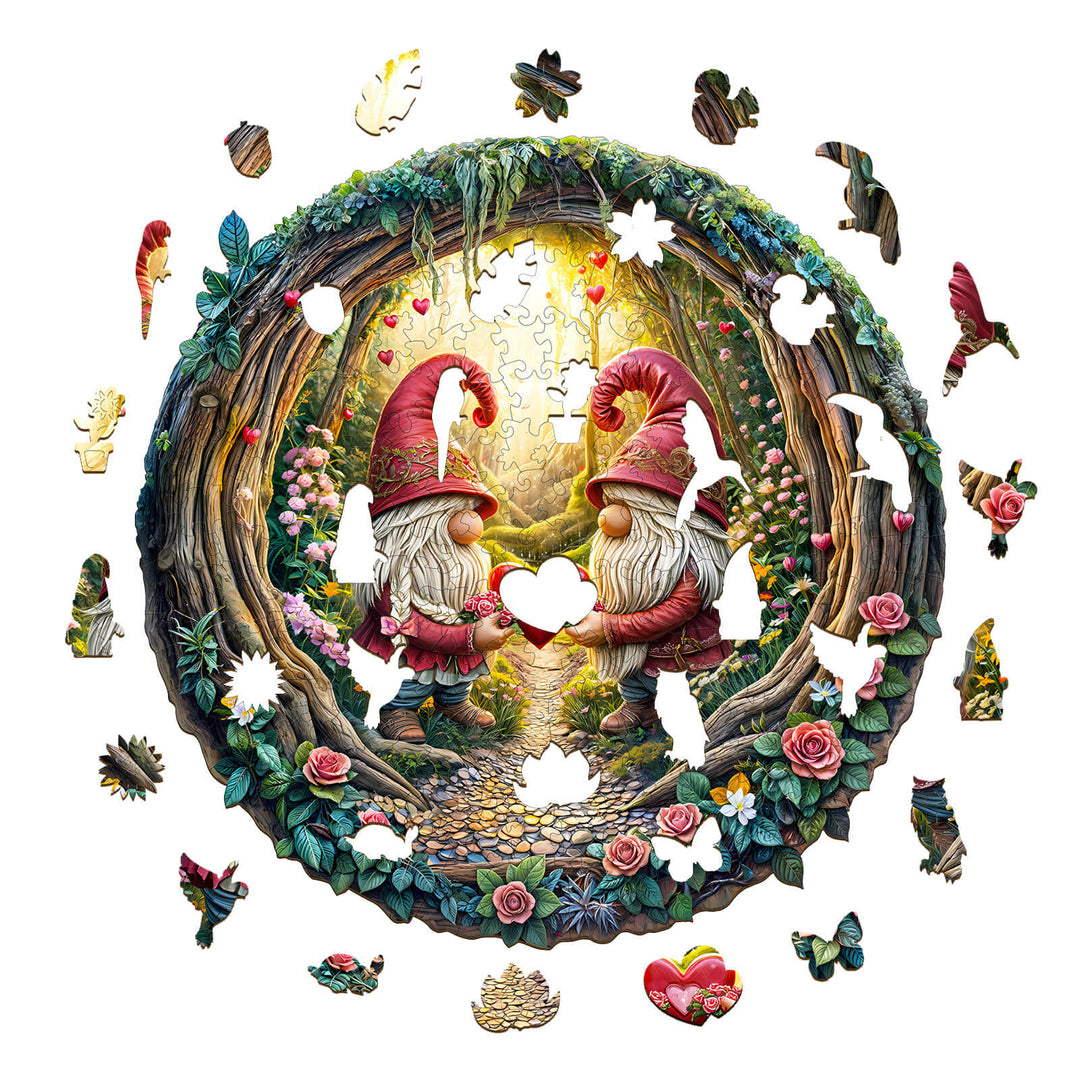 Gnome couple wooden jigsaw puzzle surrounded by colorful pieces in a whimsical forest setting.