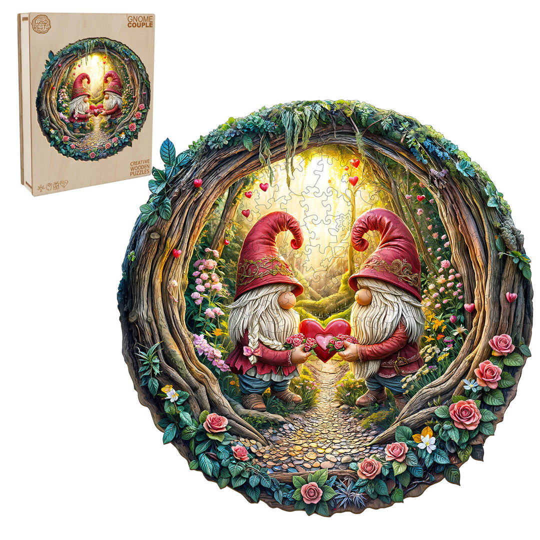 Gnome Couple Wooden Jigsaw Puzzle featuring two gnomes holding hearts in a whimsical forest setting.