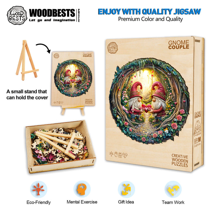 Gnome Couple Wooden Jigsaw Puzzle showcasing vibrant colors, eco-friendly materials, and featuring a creative design for brain exercise.