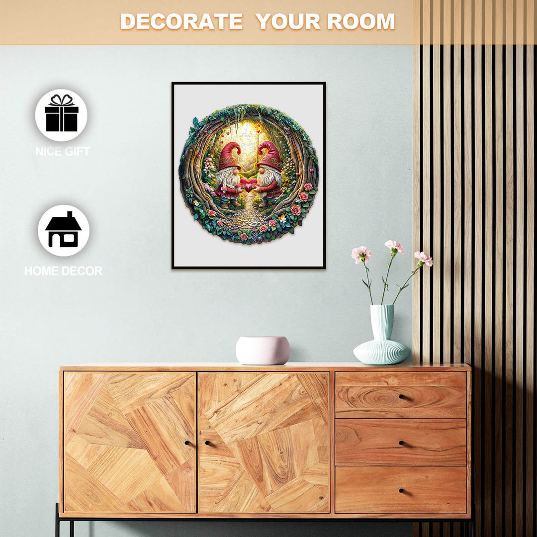 Gnome Couple Wooden Jigsaw Puzzle displayed in a stylish room, perfect for home decor and as a nice gift.