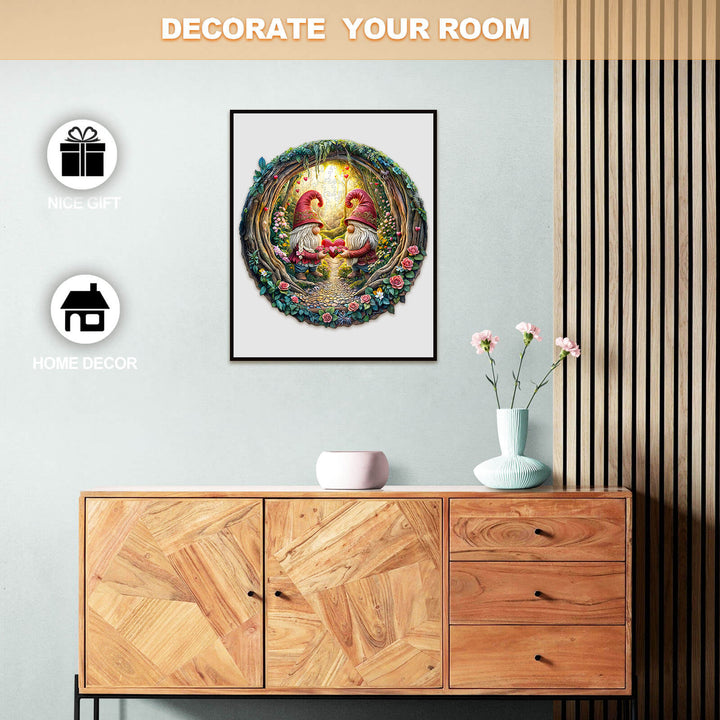 Gnome Couple Wooden Jigsaw Puzzle displayed in a stylish room, perfect for home decor and as a nice gift.