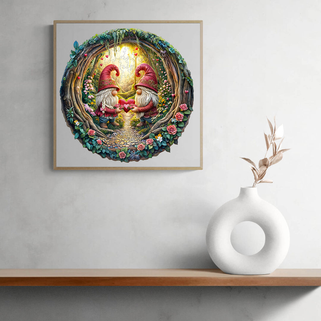 Gnome couple wooden jigsaw puzzle artwork, showcasing two gnomes amidst a vibrant, playful forest setting.