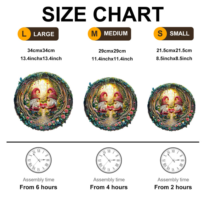 Size chart for Gnome Couple Wooden Jigsaw Puzzle showing dimensions and assembly times for large, medium, and small sizes.