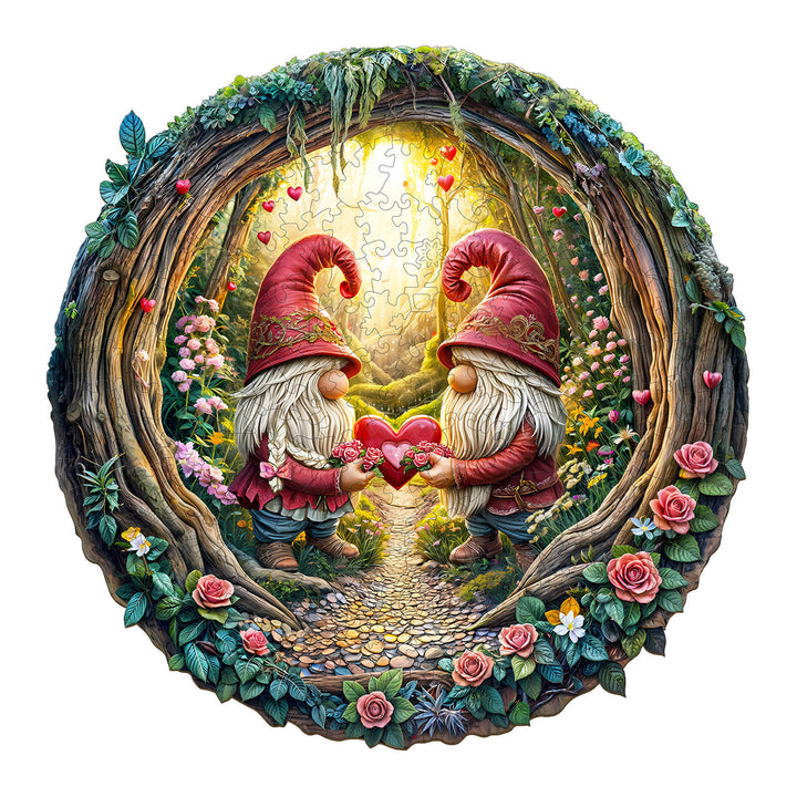 Gnome Couple Wooden Jigsaw Puzzle depicting two whimsical gnomes holding a heart amidst a garden path, perfect for mind games.