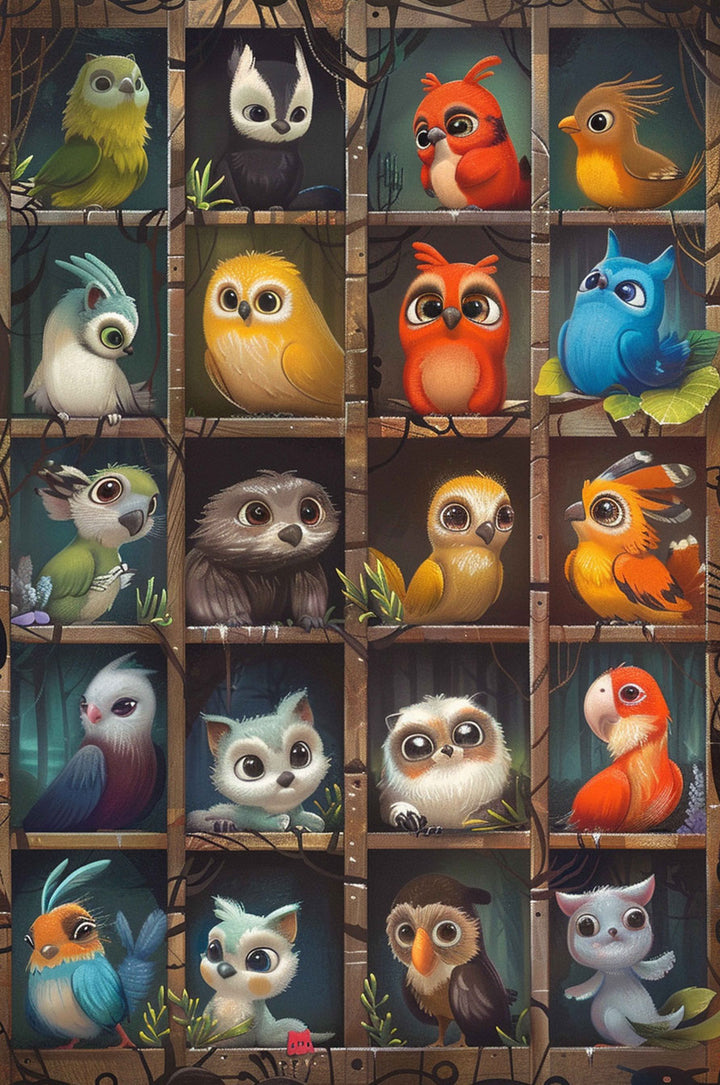 Cute Birds puzzle featuring colorful, cartoon-style birds in wooden frames, perfect for jigsaw puzzle enthusiasts.