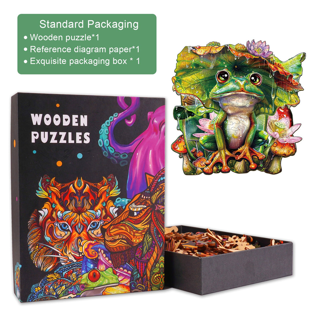 Frog Wooden Jigsaw Puzzle in an exquisite package, showcasing a colorful frog design and puzzle pieces inside a stylish box.