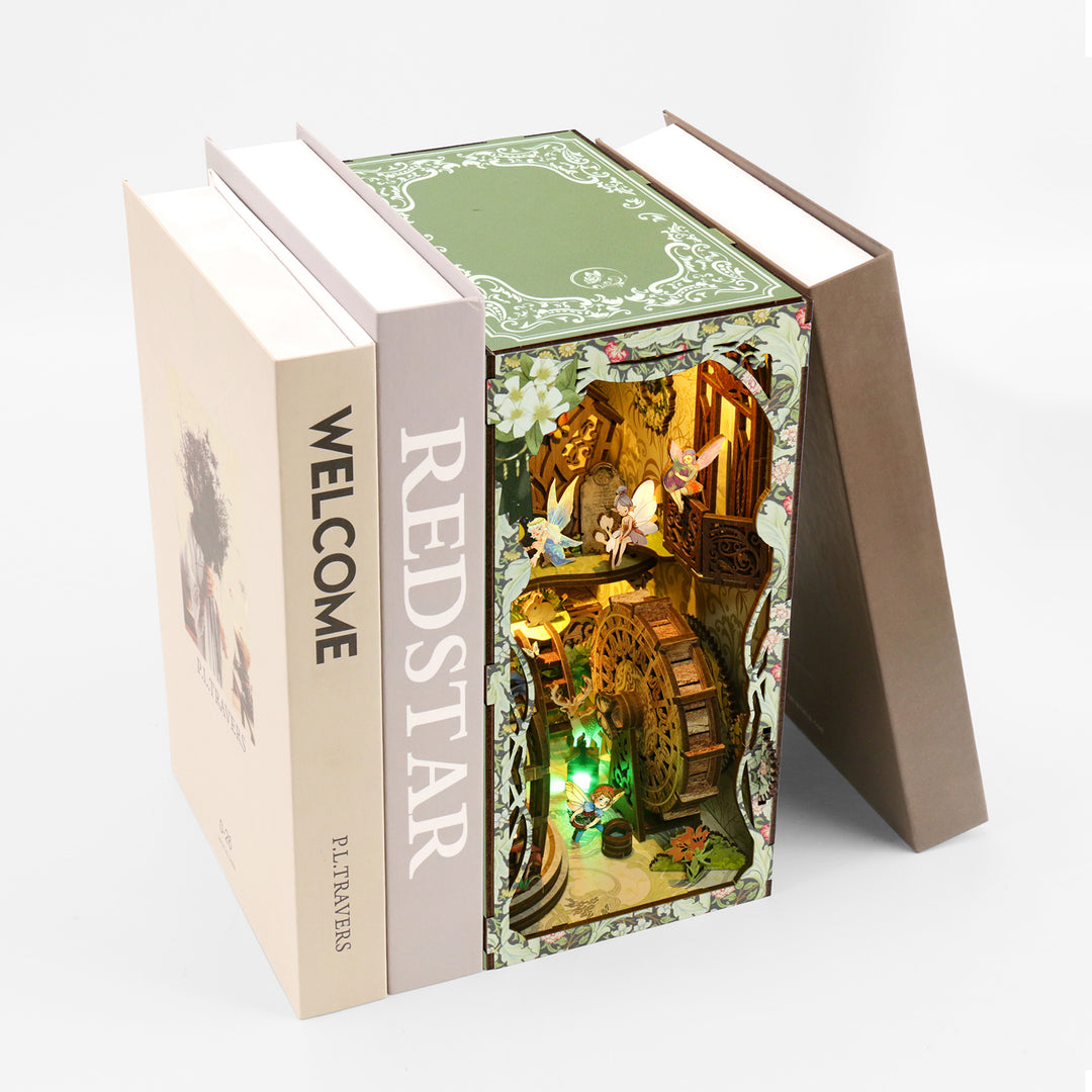Secret Forest DIY book nook kit featuring intricate lighting and musical decor in a charming wooden puzzle design.