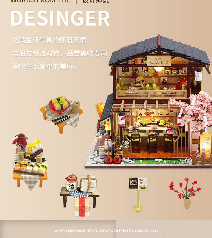 Sakura Sushi House DIY Dollhouse Kit showcasing a 3D wooden puzzle with sushi and charming decor.
