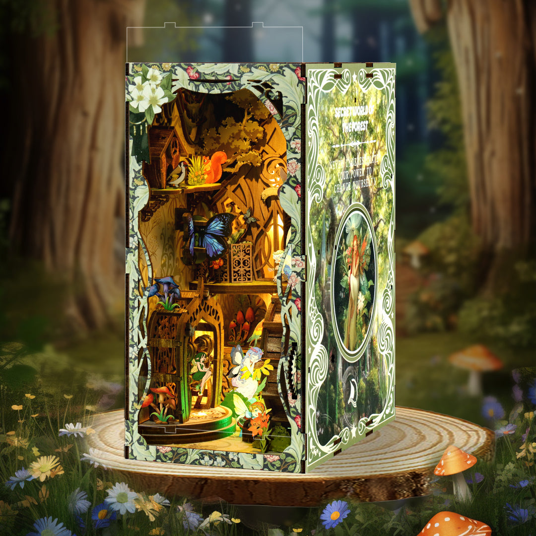 Secret Forest DIY book nook kit showcasing intricate wooden design and vibrant butterflies in a lush forest setting.