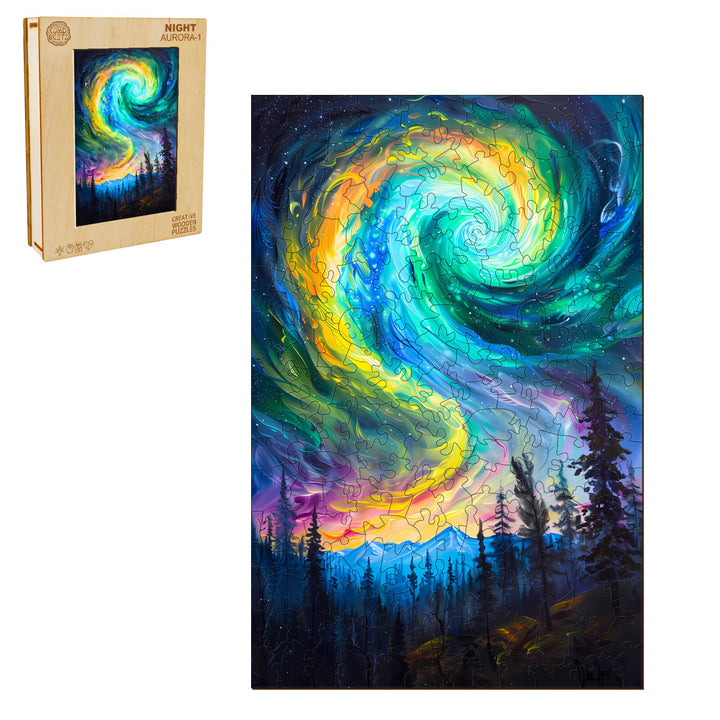 Night Aurora-1 wooden jigsaw puzzle featuring vibrant swirling colors and a forest silhouette.