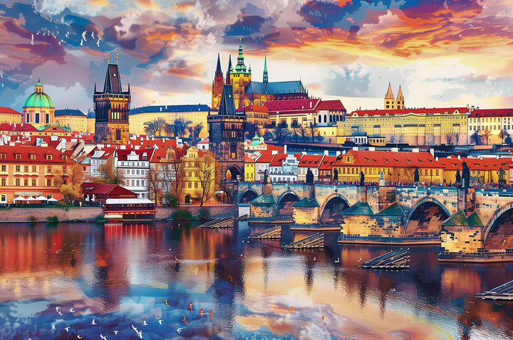 Sunset City Scenery puzzle featuring colorful skyline and river view, ideal for jigsaw puzzle enthusiasts.