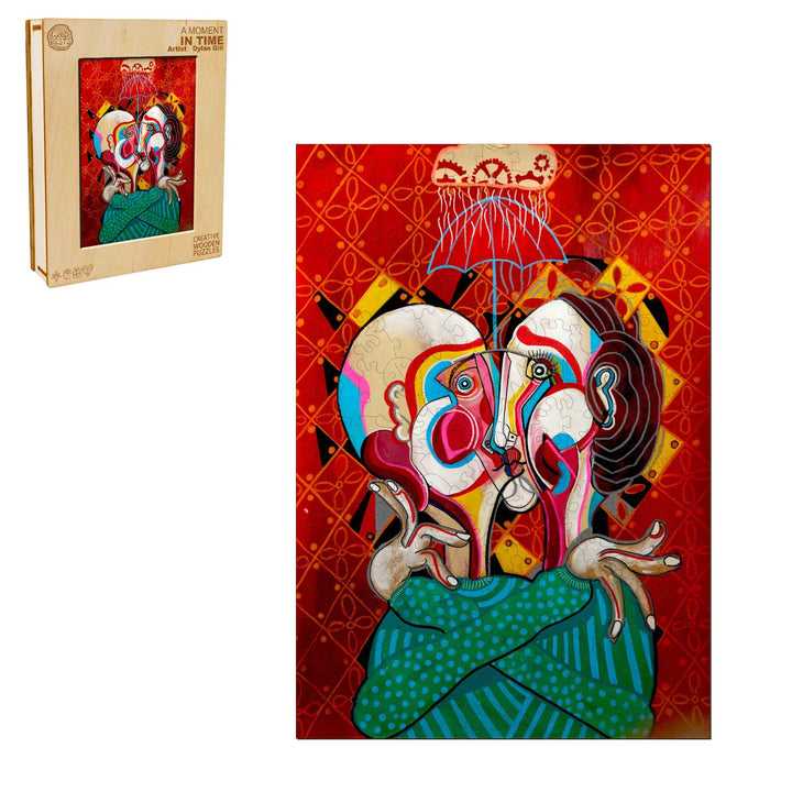 Artistic puzzle featuring 'A Moment in Time' by artist Dylan Gill, showcasing vivid colors and expressive faces.