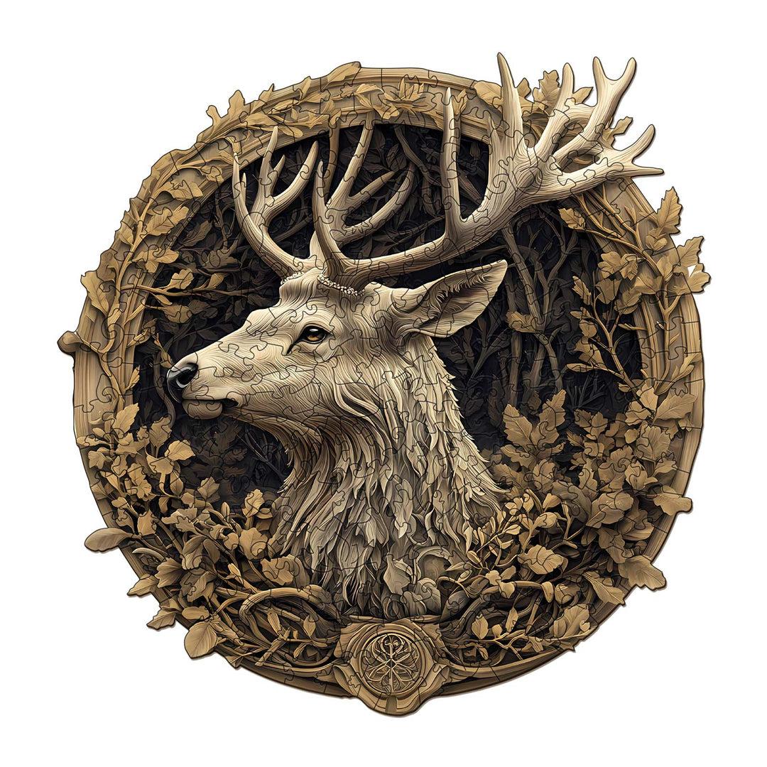 3D Deer Wooden Jigsaw Puzzle showcasing a majestic deer surrounded by intricate foliage and nature details.