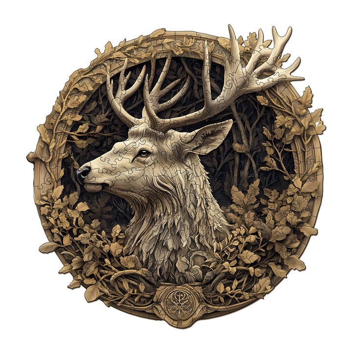 3D Deer Wooden Jigsaw Puzzle showcasing a majestic deer surrounded by intricate foliage and nature details.
