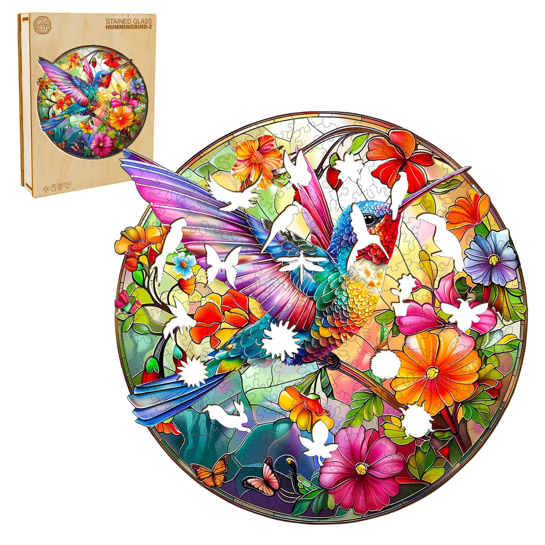 Stained Glass Hummingbird-2 Wooden Jigsaw Puzzle featuring vibrant colors and floral designs, perfect for puzzle enthusiasts.