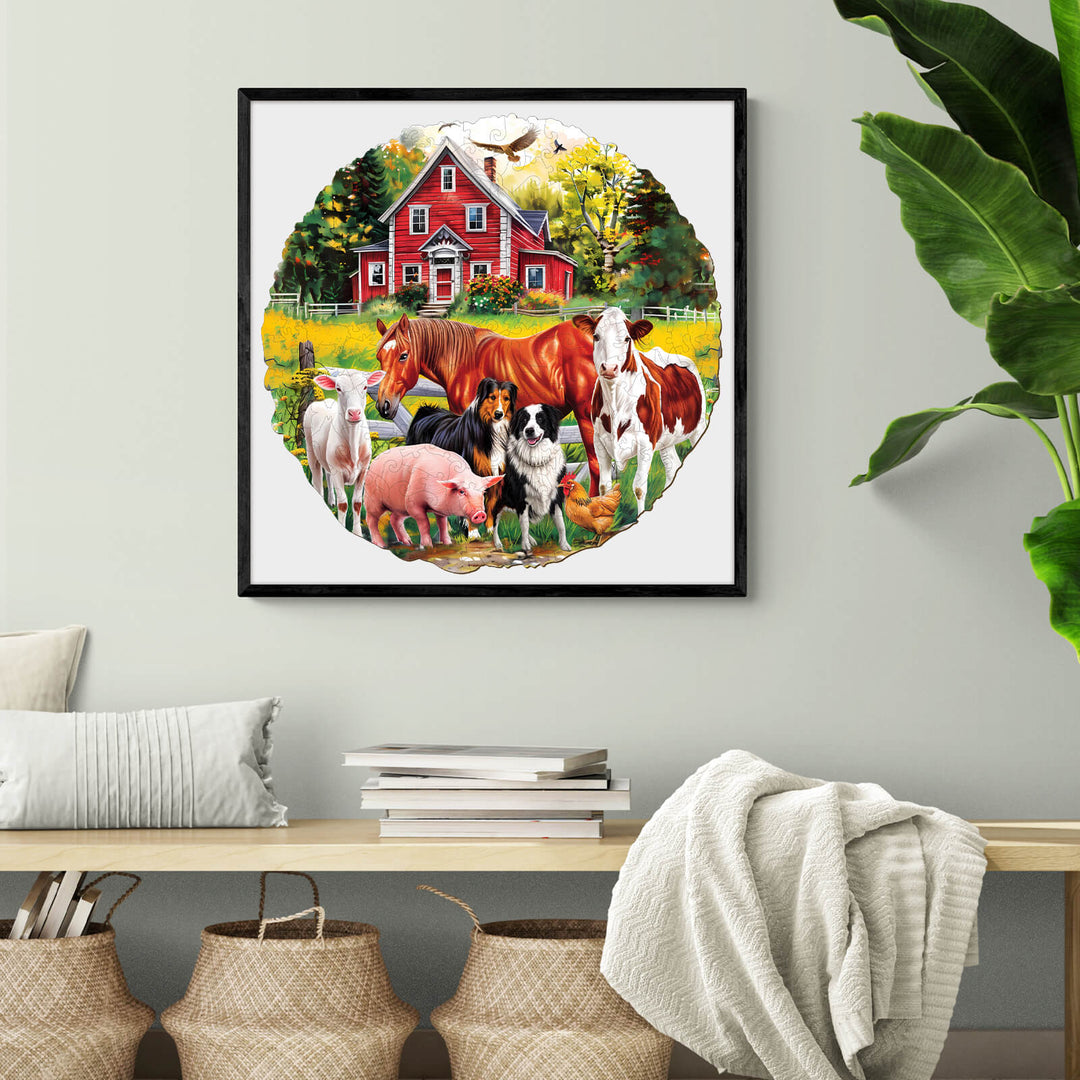 Colorful jigsaw puzzle featuring farm animals like cows, pigs, and horses near a red barn, enhancing focus and fun.