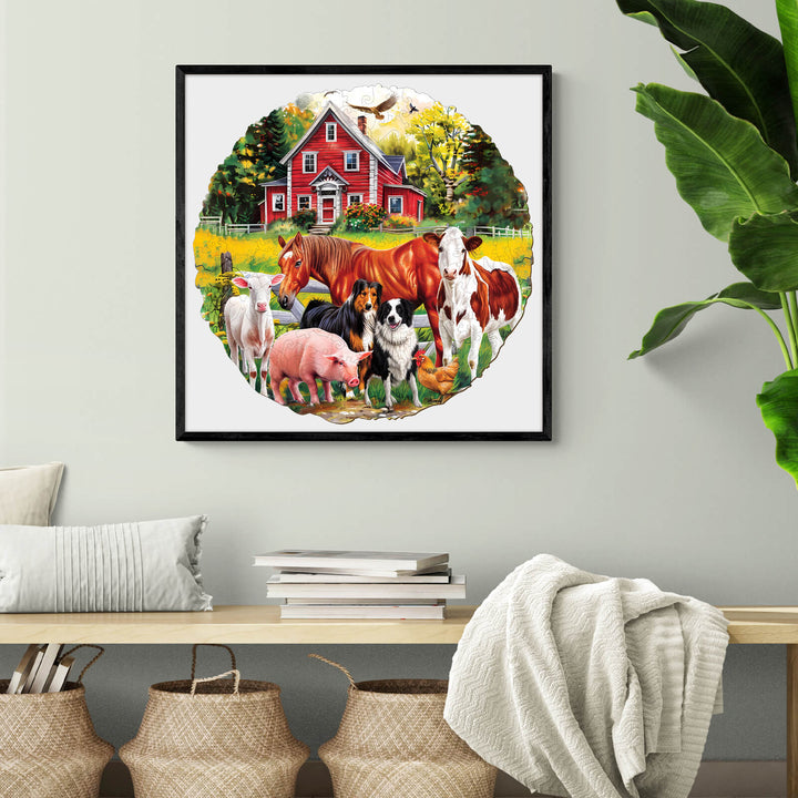 Colorful jigsaw puzzle featuring farm animals like cows, pigs, and horses near a red barn, enhancing focus and fun.