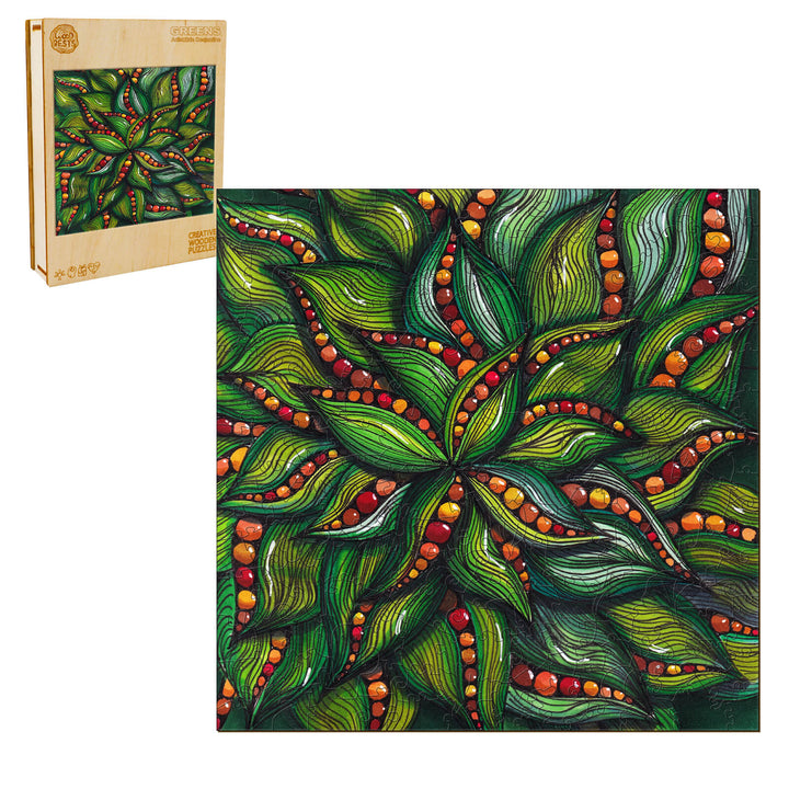 Vibrant green artwork 'Greens' by Erin Desjardine featuring leaf patterns and red accents, perfect for art lovers.