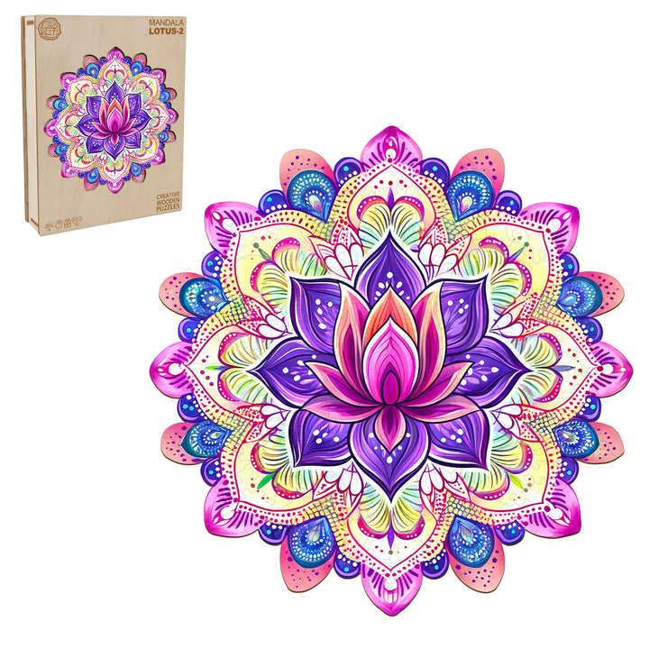 Colorful Mandala Lotus-2 wooden jigsaw puzzle with a boxed design, perfect for mindfulness and focus.